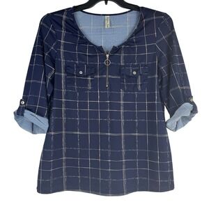 PerSeption‎ Navy Blue Women Plaid Zip Front Shirt Roll Tab 3/4 Sleeve Large